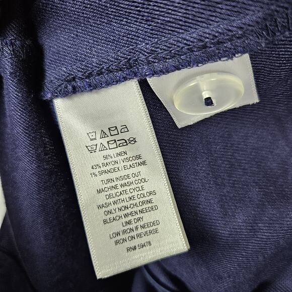 HALSTON Stretch Linen Shirt Dress 8 M Navy Blue Tie Belt Coastal Preppy Pockets - Picture 14 of 16